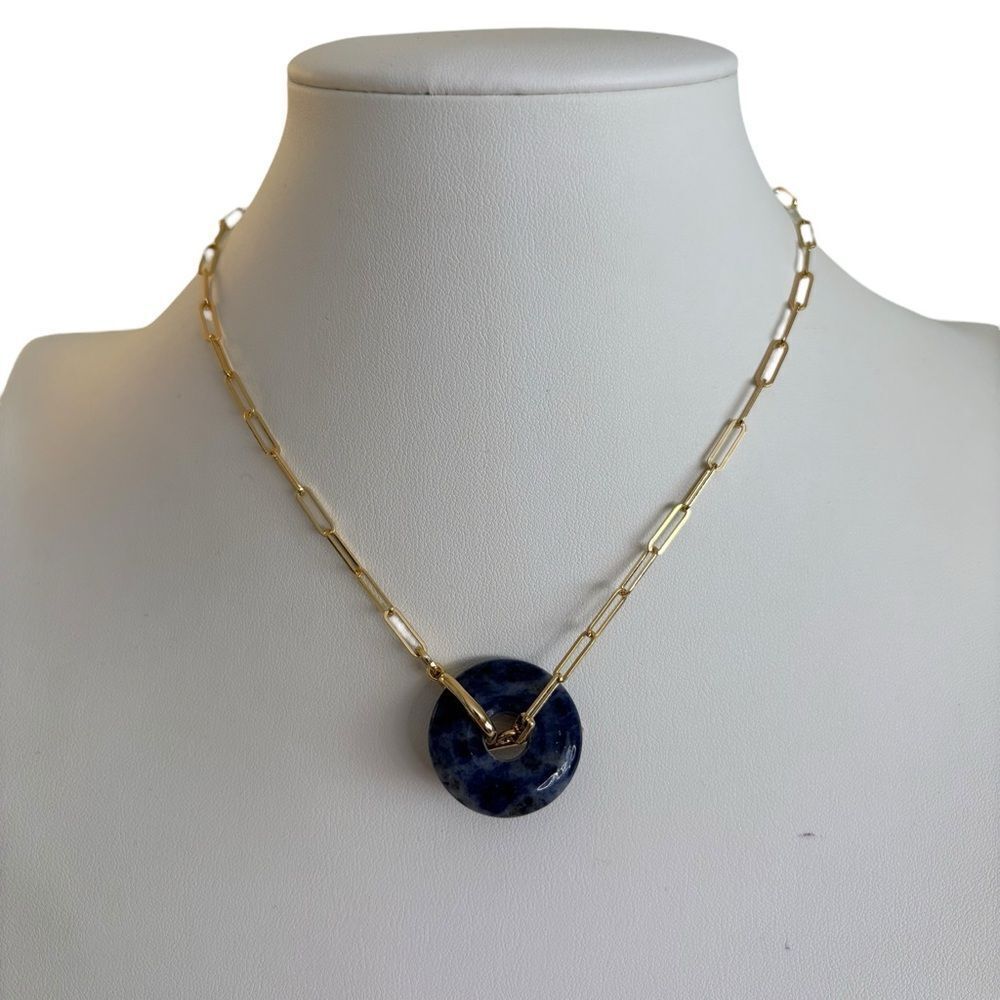 Simple & Striking Gold Tone Paper Clip Necklace w/ Circular Lapis Stone Pendant
